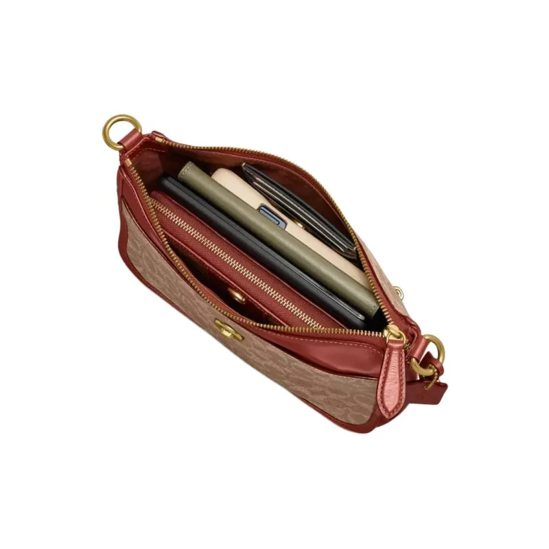 COACH Chaise Canvas Shoulder Bag Crossbody Bag Large Size Women's Brown & Rose Red-4