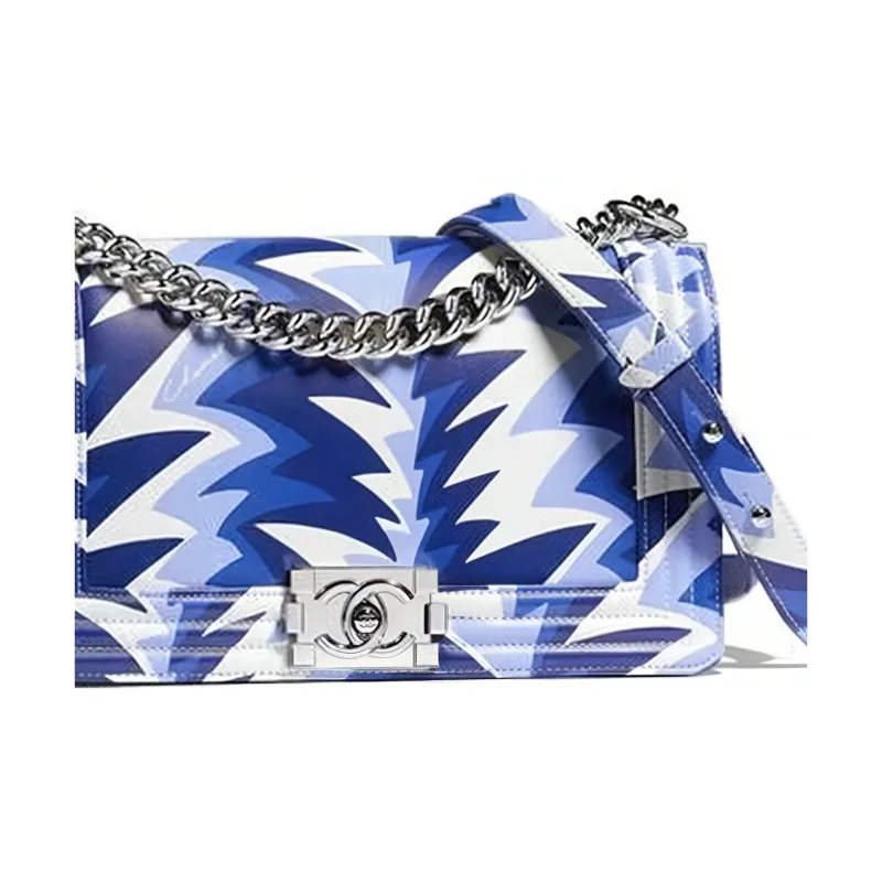 CHANEL Leboy Flap Bag Chain Crossbody Bag, Shoulder Bag Women's Blue White Triangle Multicolor-1