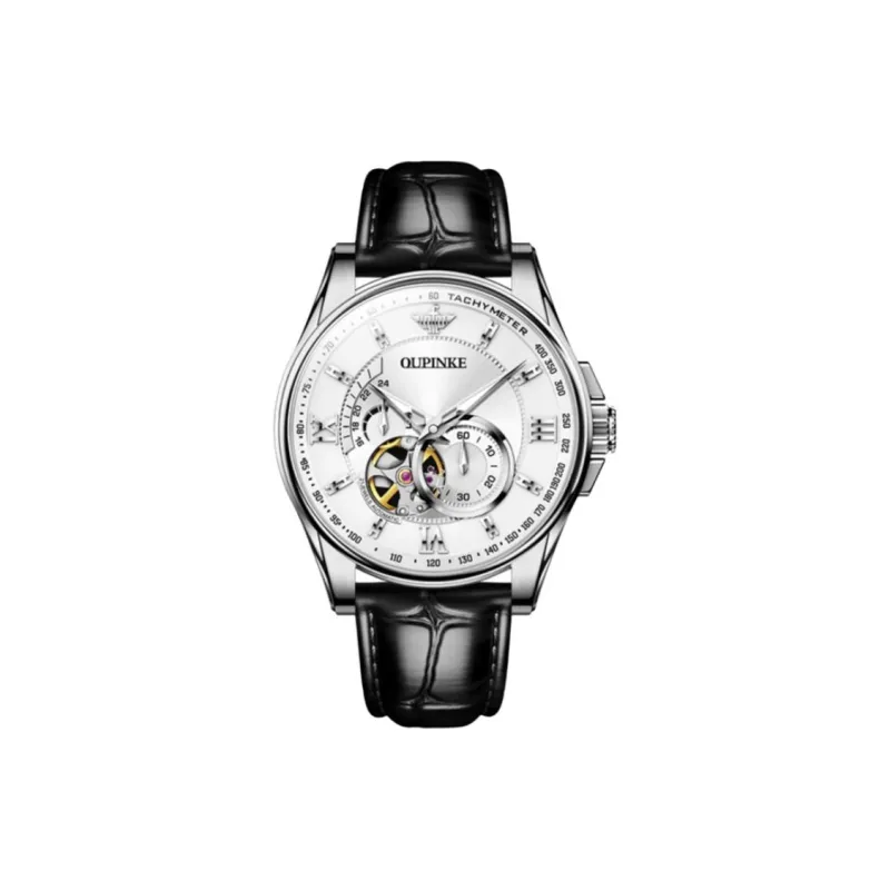 Oupinke Gaias Collection Cut Out Fly Reel Mechanical Movement Leather Strap Watch Men's Watches White Dial-5