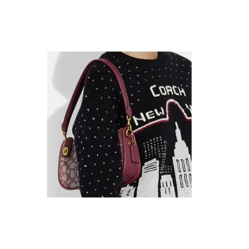COACH Swinger Jacquard Fabric With Leather Shoulder Bag Crossbody Bag Medium Size Women's Burgundy Red Brown Monogram-3