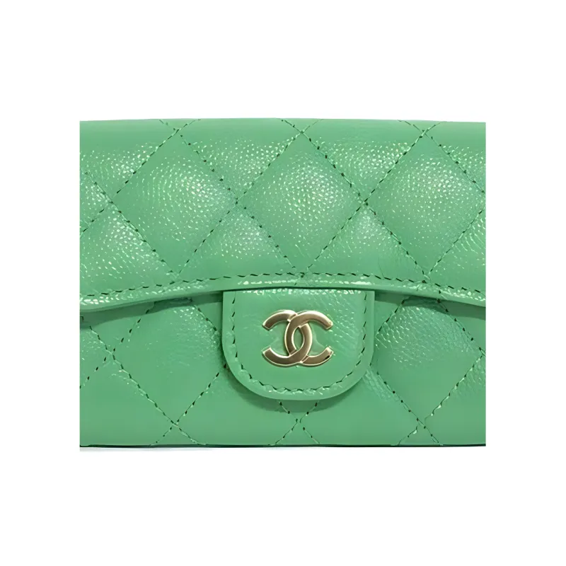 CHANEL Litchi Grain Cow Leather Card Holder, Wallet Women's Green-4
