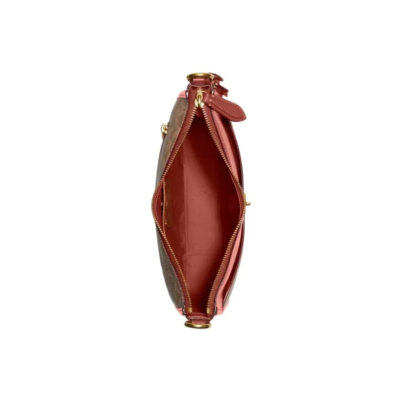 COACH Chaise Canvas Shoulder Bag Crossbody Bag Large Size Women's Brown & Rose Red-3