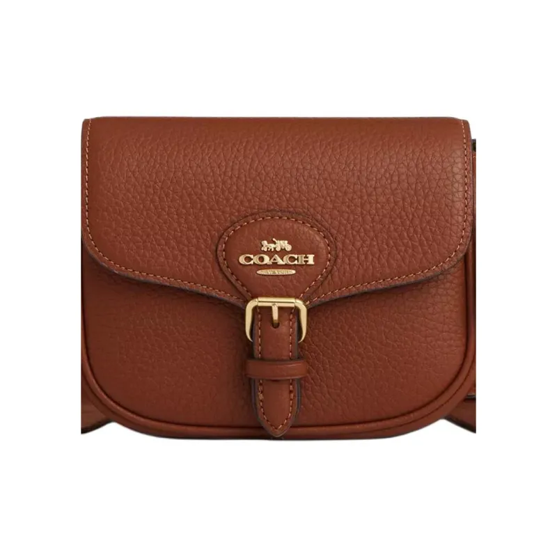 COACH Amelia Soft Pebbled Leather Saddle Bag Shoulder Bag Crossbody Bag Small Size Women's Gold Wood & Red-3