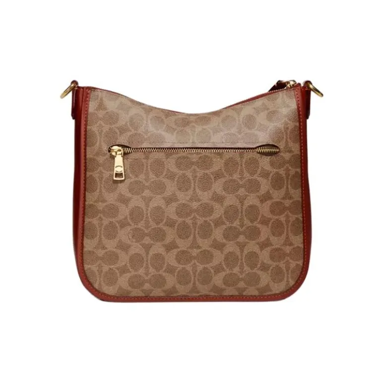 COACH Chaise Canvas Shoulder Bag Crossbody Bag Large Size Women's Brown & Rose Red-2