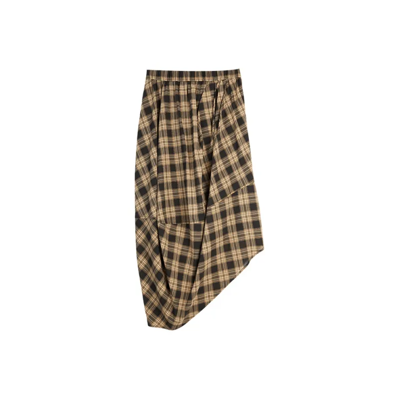 ELLE Casual Long Skirts Women's Coffee Plaid-1