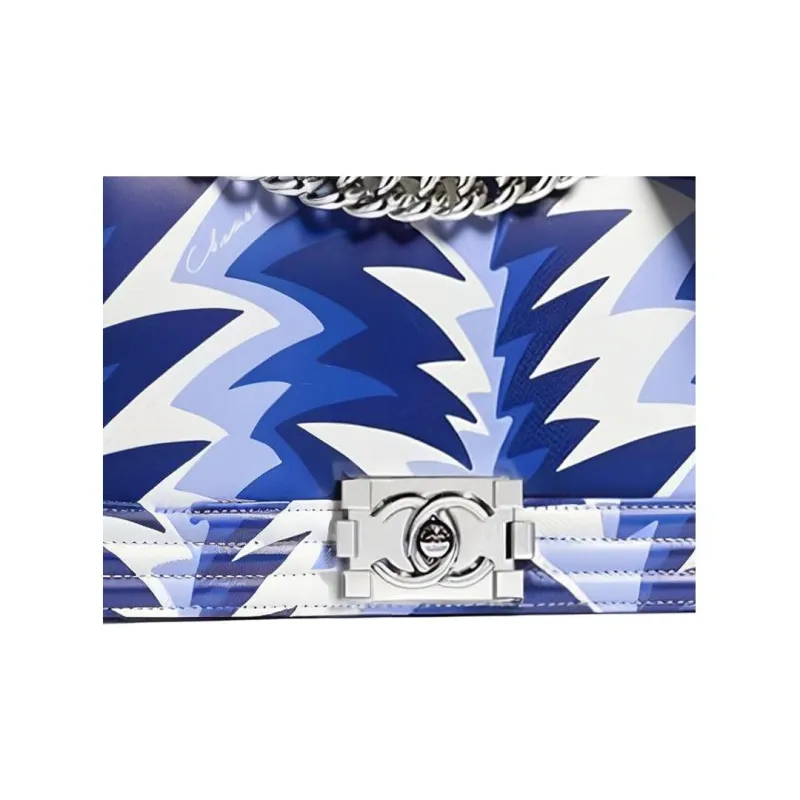 CHANEL Leboy Flap Bag Chain Crossbody Bag, Shoulder Bag Women's Blue White Triangle Multicolor-4