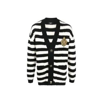 BALMAIN Logo patch Striped Cardigan