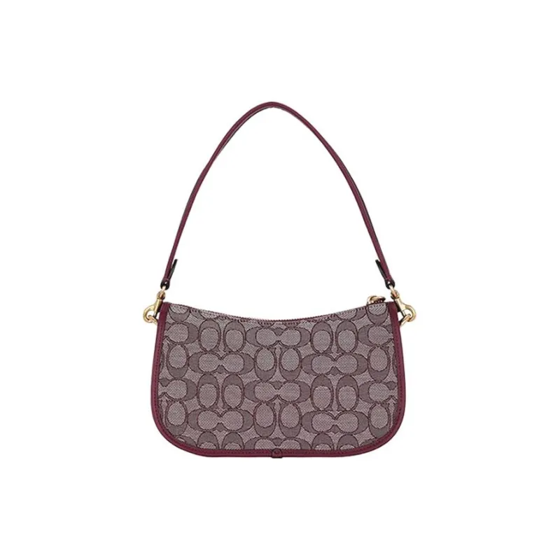 COACH Swinger Jacquard Fabric With Leather Shoulder Bag Crossbody Bag Medium Size Women's Burgundy Red Brown Monogram-1