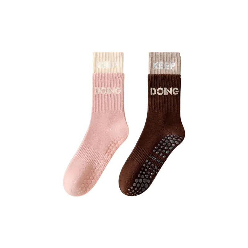TLXT Mid Calf Socks Women's Anti Slip Silicone Sole Sports Pilates Floor Socks-14