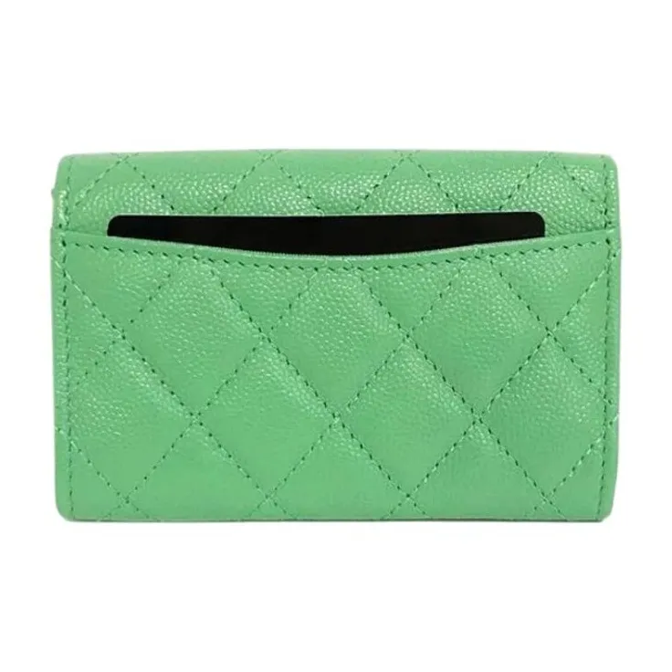 CHANEL Litchi Grain Cow Leather Card Holder, Wallet Women's Green-1