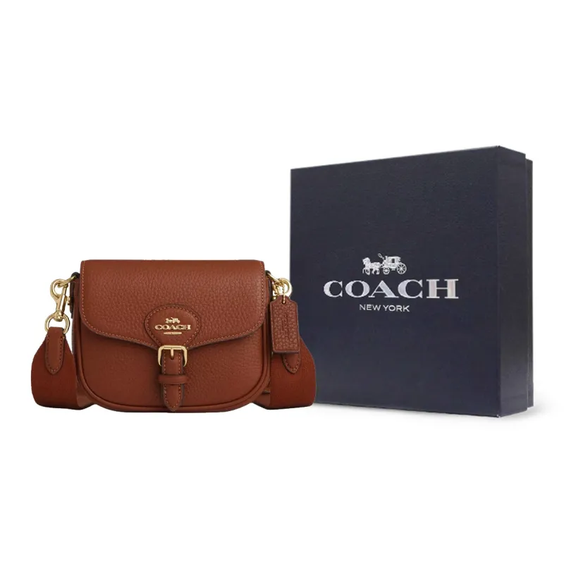 COACH Amelia Soft Pebbled Leather Saddle Bag Shoulder Bag Crossbody Bag Small Size Women's Gold Wood & Red-9