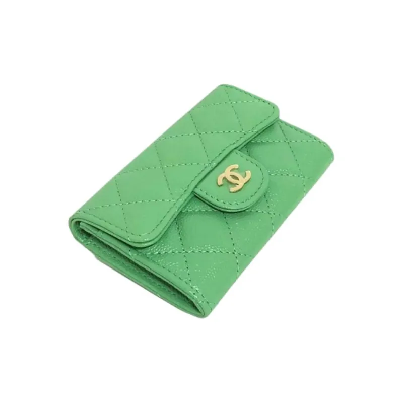 CHANEL Litchi Grain Cow Leather Card Holder, Wallet Women's Green-2