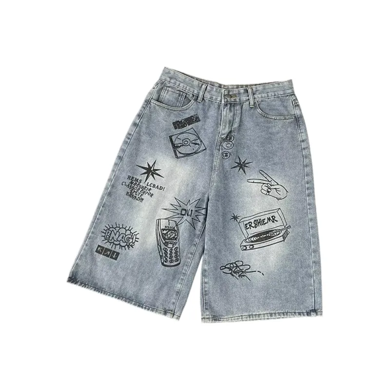 T IRA Denim Shorts Unisex Graffiti Blue-2