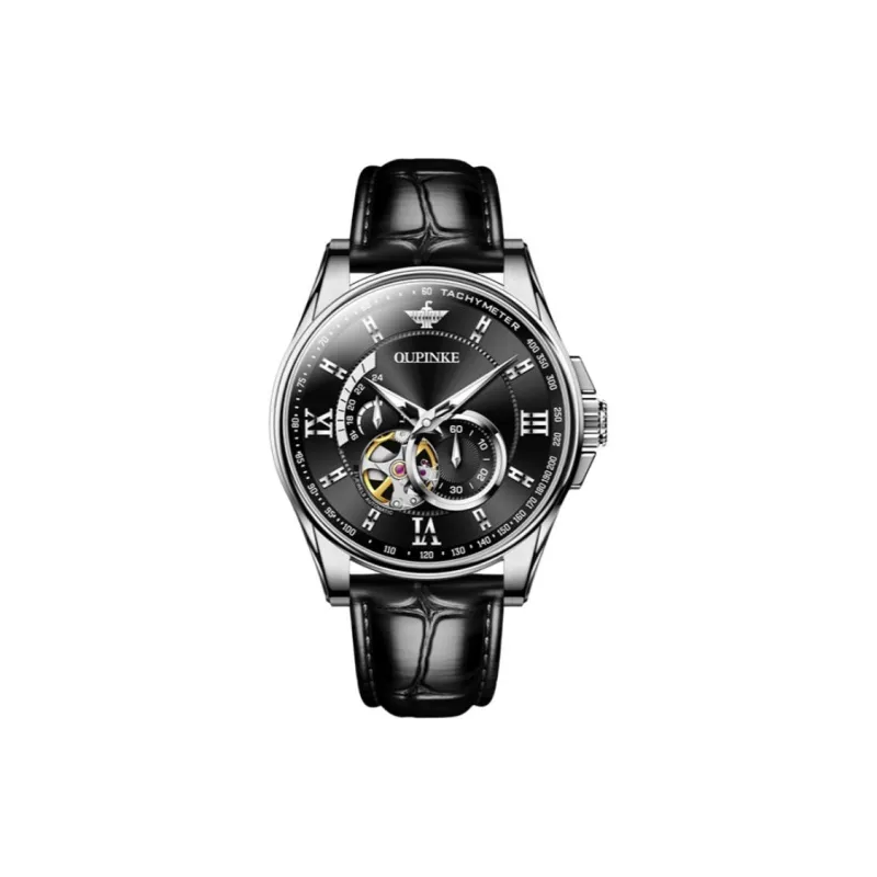 Oupinke Gaias Collection Cut Out Fly Reel Mechanical Movement Leather Strap Watch Men's Watches White Dial-0