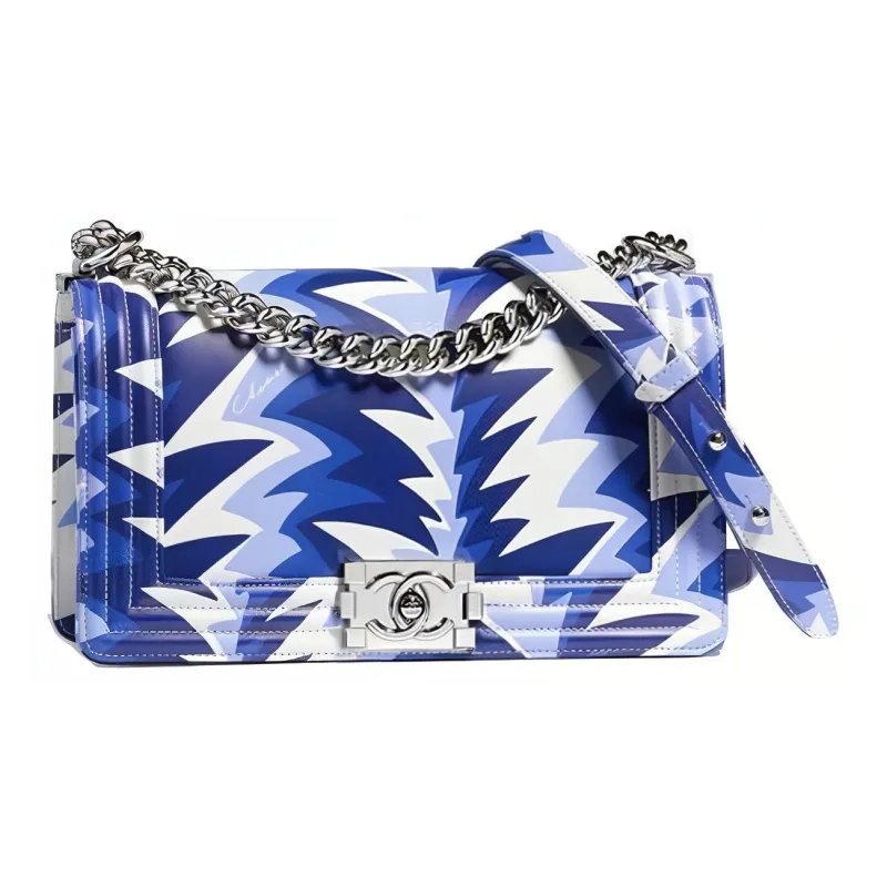 CHANEL Leboy Flap Bag Chain Crossbody Bag, Shoulder Bag Women's Blue White Triangle Multicolor-0