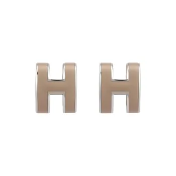 HERMES Lacquered Metal Stud Earrings Women's Ice Brown Silver Trim