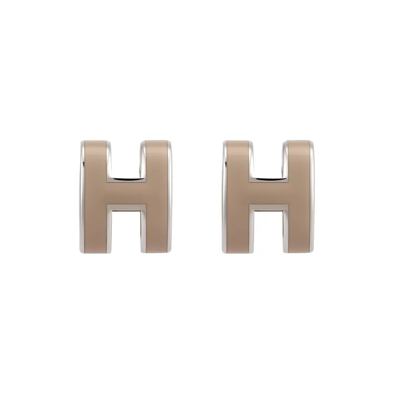 HERMES Lacquered Metal Stud Earrings Women's Ice Brown Silver Trim-0