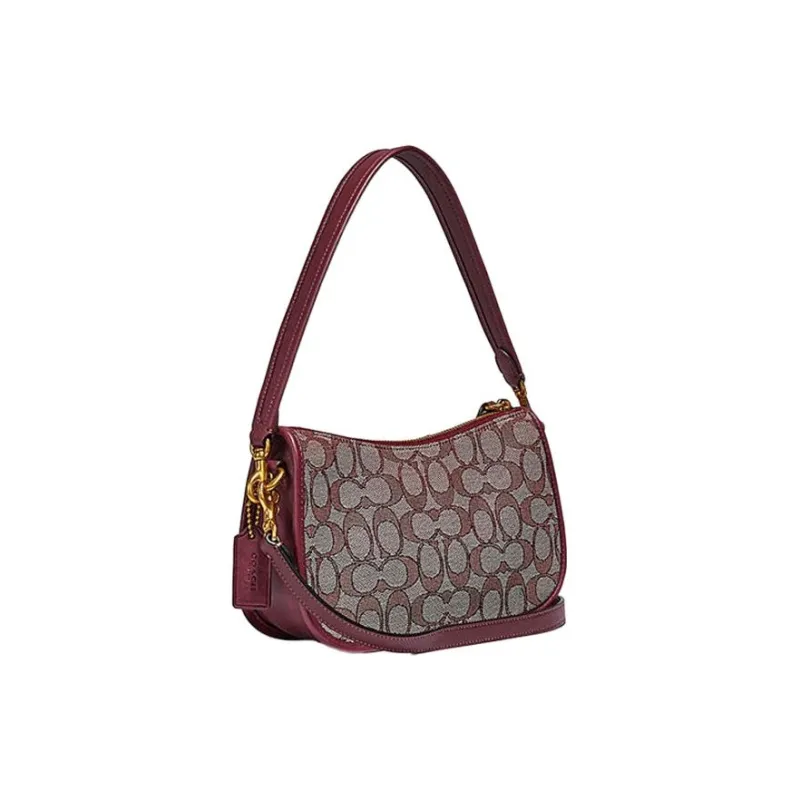 COACH Swinger Jacquard Fabric With Leather Shoulder Bag Crossbody Bag Medium Size Women's Burgundy Red Brown Monogram-2