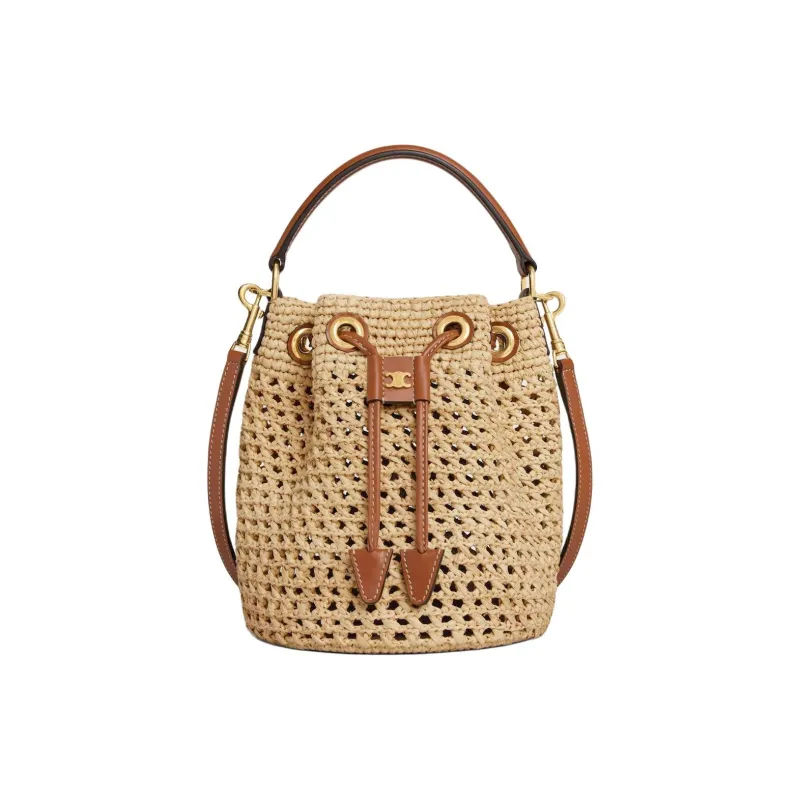 CELINE Plant Material Bucket Bag, Shoulder Bag, Crossbody Bag, Handbag Women's Natural & Tawny-0