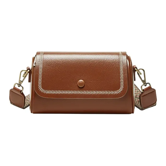 Narandu Cow Leather Patchwork Synthetic Leather Cylinder Bag Shoulder Bag Crossbody Bag Small Size Women's Brown/Black-0