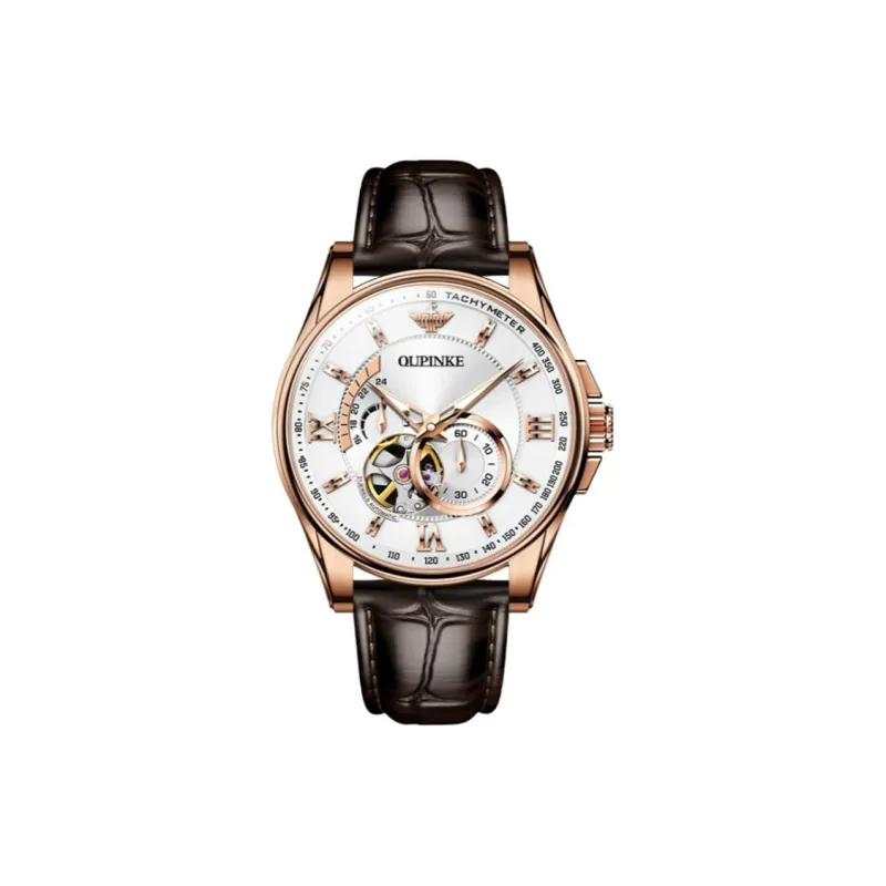 Oupinke Gaias Collection Cut Out Fly Reel Mechanical Movement Leather Strap Watch Men's Watches White Dial-13