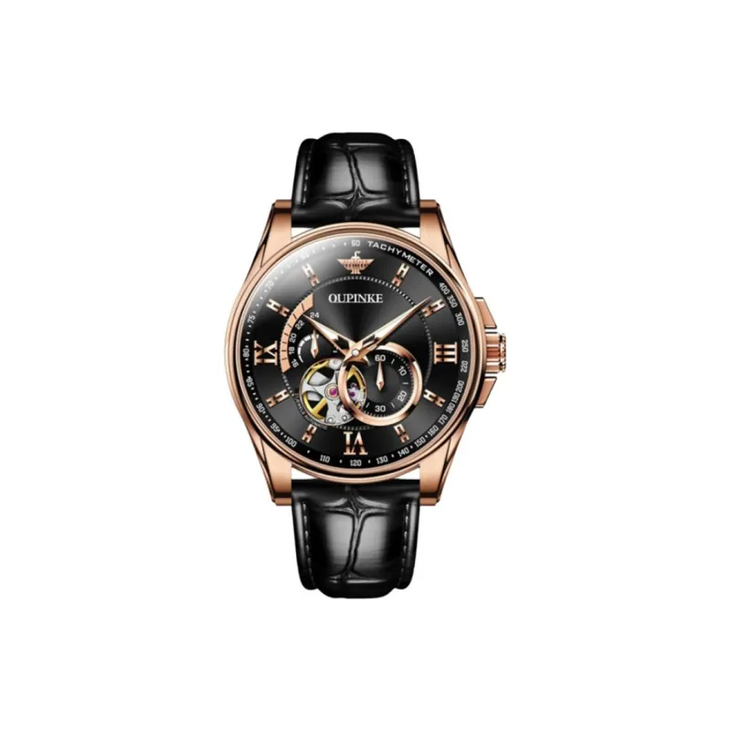 Oupinke Gaias Collection Cut Out Fly Reel Mechanical Movement Leather Strap Watch Men's Watches White Dial-17