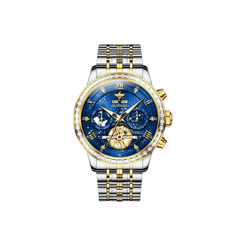Oupinke Automatic Mechanical Movement Stainless Steel Watchband Watch Men's Watches Blue Dial-2