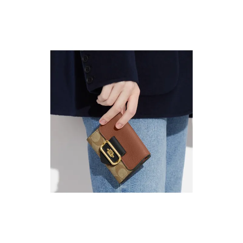 COACH Canvas With Leather Card Holder Wallet Small Size Women's Khaki And Brown-3