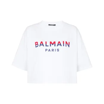 BALMAIN Flocked logo Cropped Organic cotton T shirt