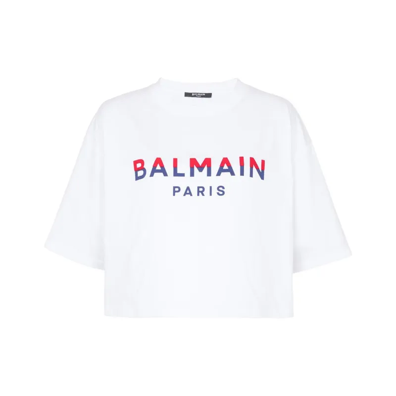 BALMAIN Flocked-logo Cropped Organic-cotton T-shirt-0