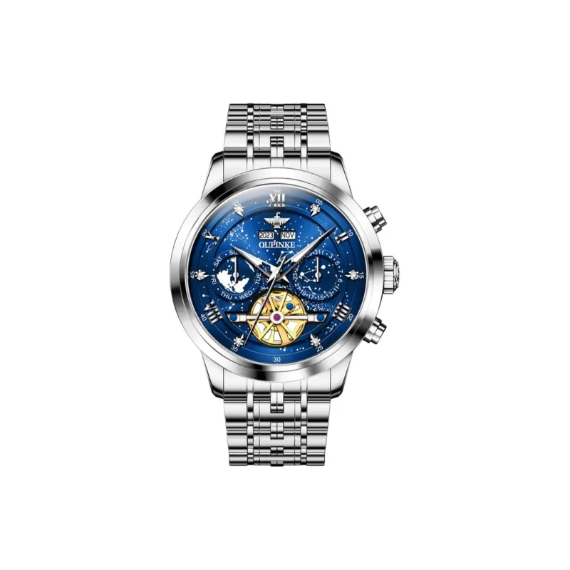 Oupinke Automatic Mechanical Movement Stainless Steel Watchband Watch Men's Watches Blue Dial-30