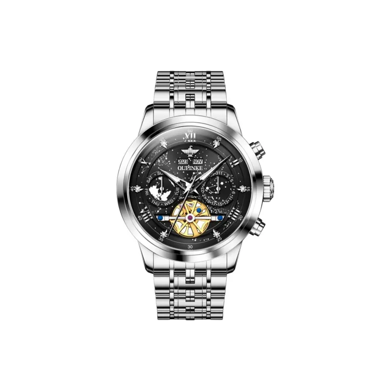 Oupinke Automatic Mechanical Movement Stainless Steel Watchband Watch Men's Watches Blue Dial-37