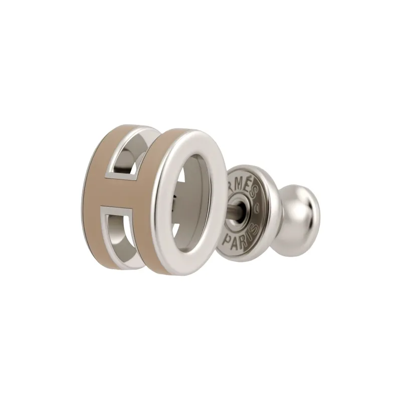 HERMES Lacquered Metal Stud Earrings Women's Ice Brown Silver Trim-2
