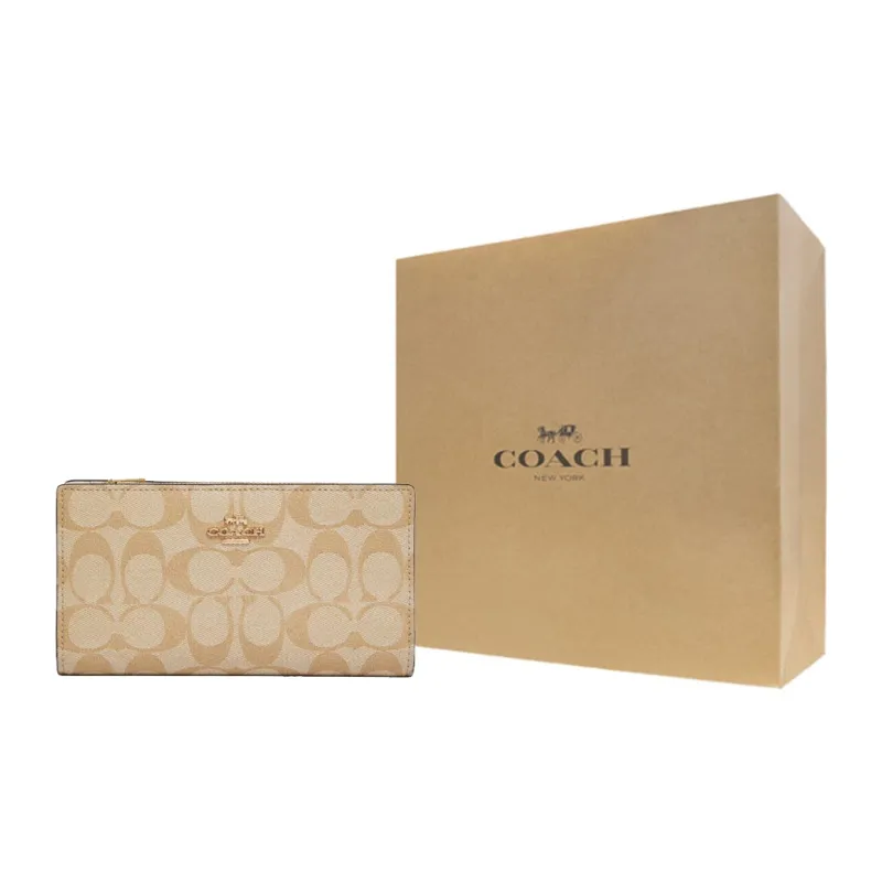COACH Slim Wallet Canvas With Leather Clutch Wallet Trumpets Women's Dark Khaki-6
