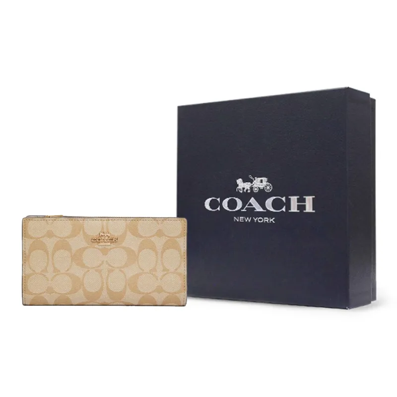 COACH Slim Wallet Canvas With Leather Clutch Wallet Trumpets Women's Dark Khaki-8