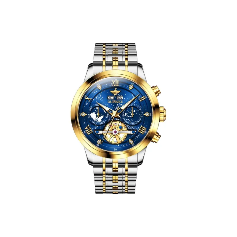 Oupinke Automatic Mechanical Movement Stainless Steel Watchband Watch Men's Watches Blue Dial-23