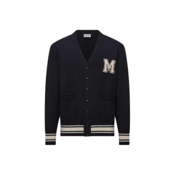 Moncler FW25 Embroidered Monogram Wool Cardigan Knitwear Men's Blue