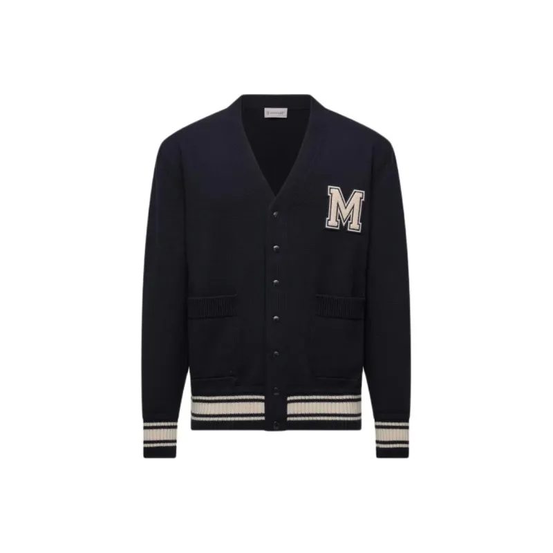 Moncler FW25 Embroidered Monogram Wool Cardigan Knitwear Men's Blue-0