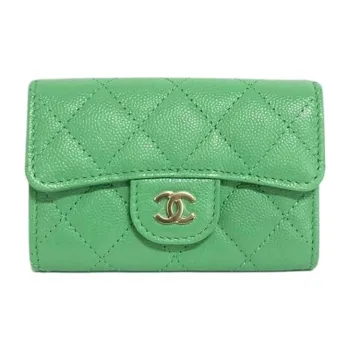 CHANEL Litchi Grain Cow Leather Card Holder, Wallet Women's Green