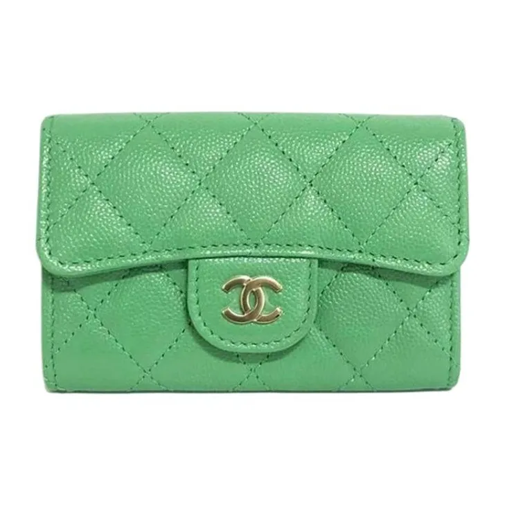 CHANEL Litchi Grain Cow Leather Card Holder, Wallet Women's Green-0