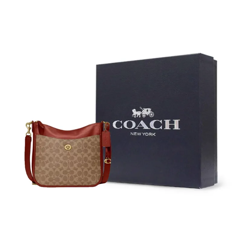 COACH Chaise Canvas Shoulder Bag Crossbody Bag Large Size Women's Brown & Rose Red-7