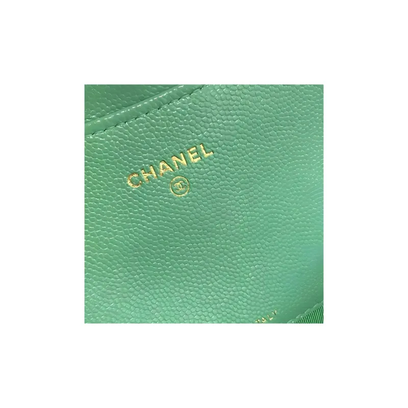 CHANEL Litchi Grain Cow Leather Card Holder, Wallet Women's Green-3
