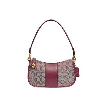 COACH Swinger Jacquard Fabric With Leather Shoulder Bag Crossbody Bag Medium Size Women's Burgundy Red Brown Monogram