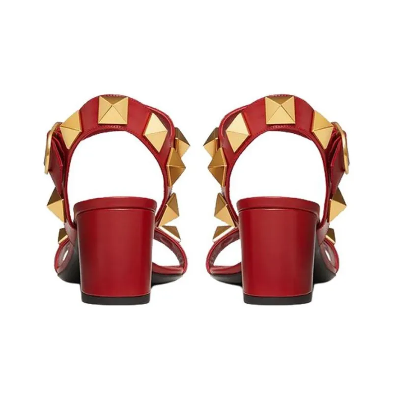 Valentino Roman Stud Block Heel Strap Sandals 6cm Women's Red-4