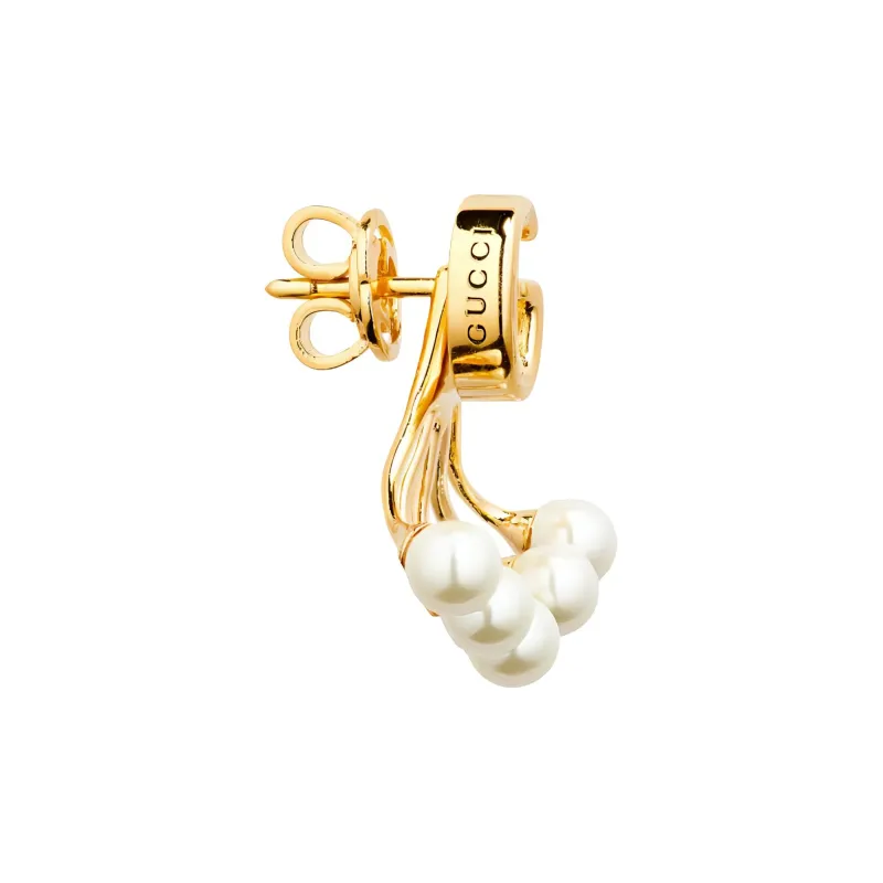 GUCCI Glass Pearl Stud Earrings Unisex Gold/White-2