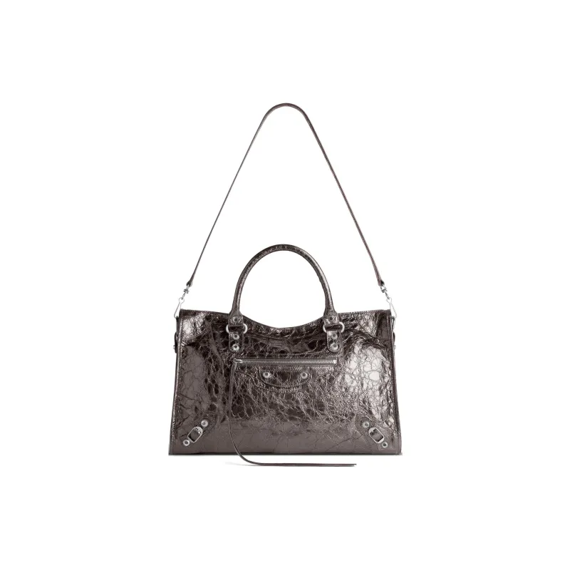 Balenciaga Le City Medium Bag In Steel Grey Metallized Arena Lambskin Shiny Silver Hardware Steel Grey-1
