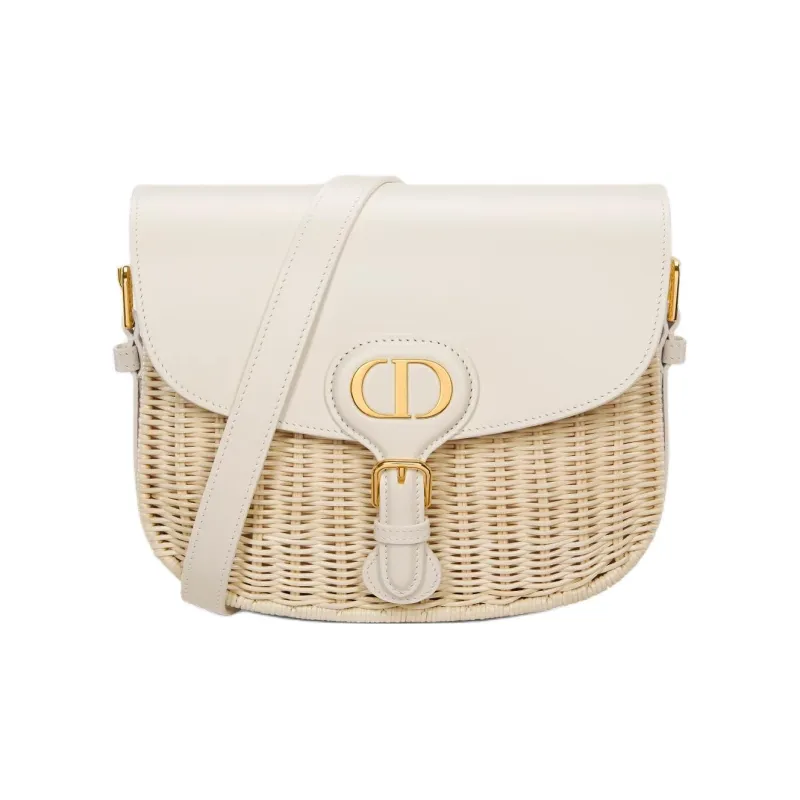 DIOR Bobby Rattan With Calfskin Shoulder Bag Medium Size Women's Natural Color & Milk White-0
