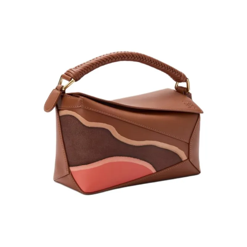 LOEWE Puzzle Calfskin Shoulder Bag, Crossbody Bag, Handbag Trumpets Women's Brown & Parrot Pink-3