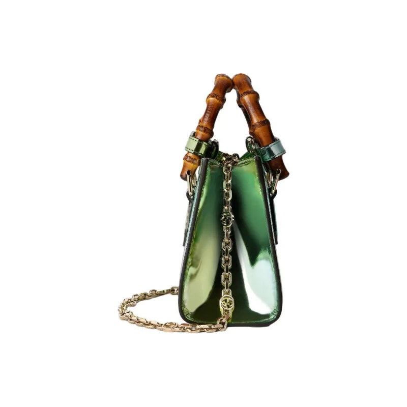 GUCCI Diana Mirror Finish Leather Tote Bag Shopping Bag Shoulder Bag Handbag Mini Women's Green Multicolor-6