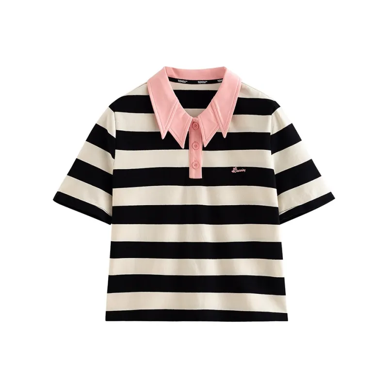 Initial Language T-Shirt Women's Black Beige Stripe-0